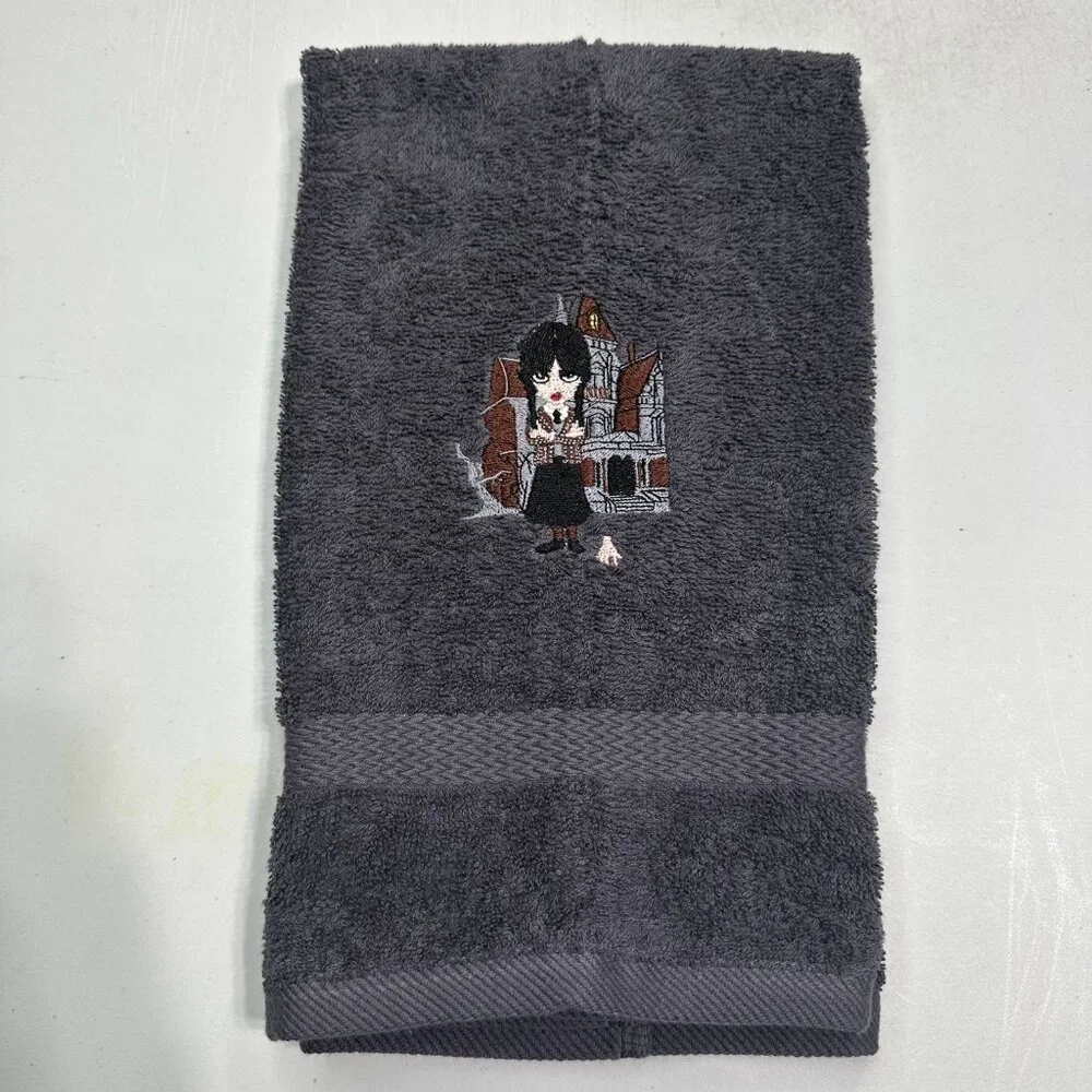 Wednesday Embroidered Hand Towels Bathroom Home Decor Goth Witch Nevermore